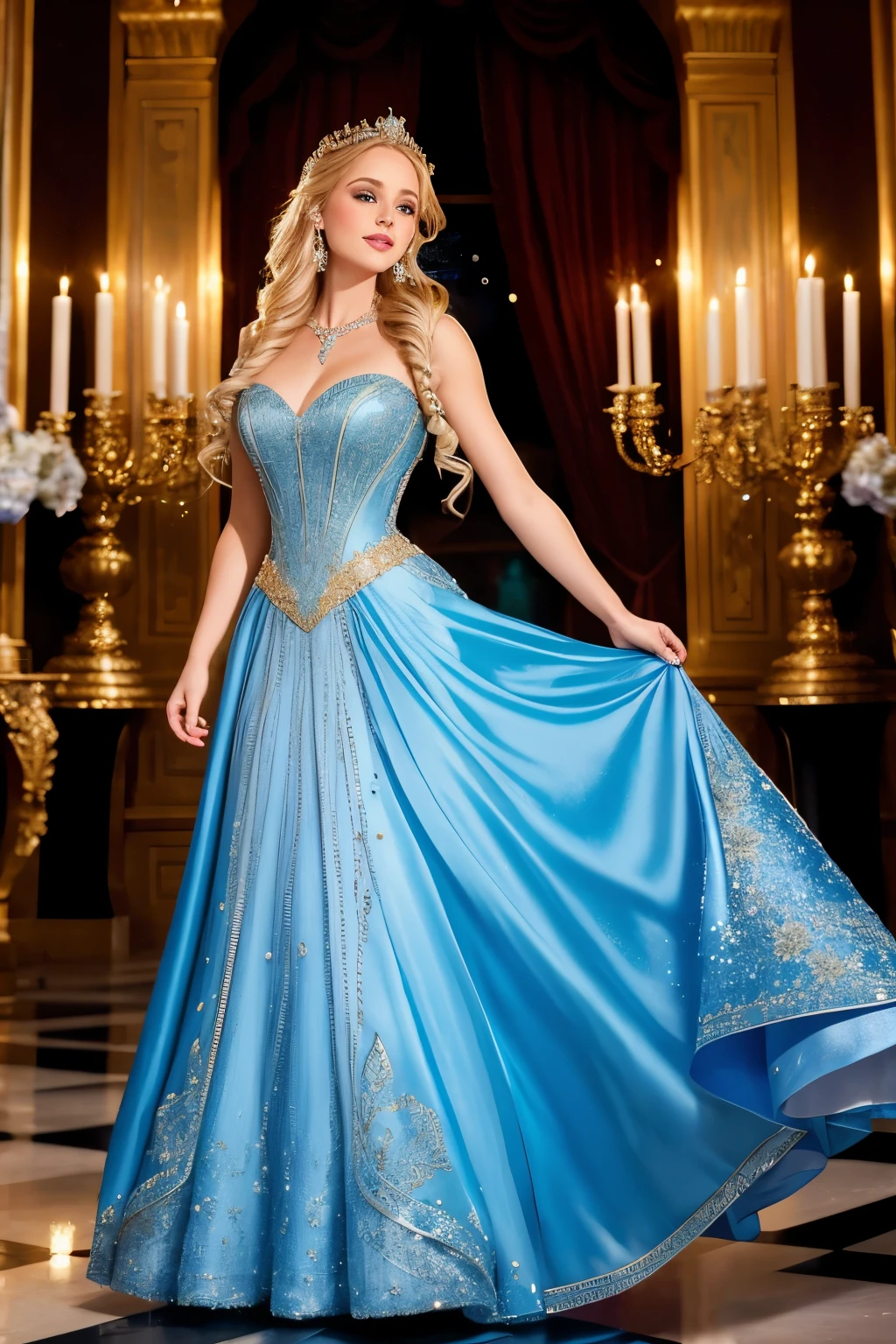 In the heart of the enchanting scene, a mesmerizing blonde Cinderella is elegantly posed. Her long, cascading hair, reminiscent of a golden waterfall, is styled in a beautiful updo, adorned with intricate braids and sparkling diamonds. She wears a captivating blue silk gown that gracefully flows around her, accentuating her slender figure. The dress is adorned with exquisite diamonds that twinkle under the soft candlelight, adding an aura of royalty to her appearance. Cinderella's blue eyes sparkle with joy and wonder, her pink lips curled into a graceful smile that speaks volumes of her