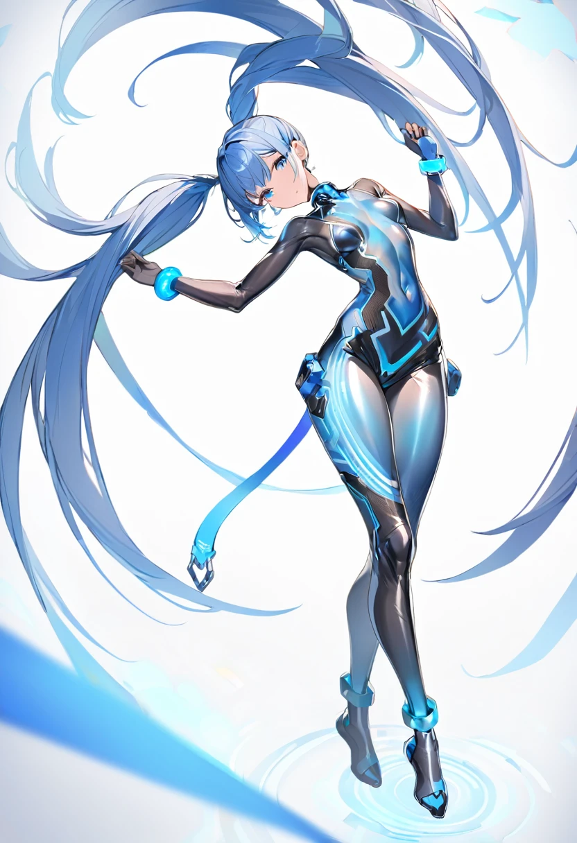 upper body, 1girl, superhero, leotard, bare legs, boots, matching boots, medium breasts, light particles, aura, blue aura, stand, standing, highleg,