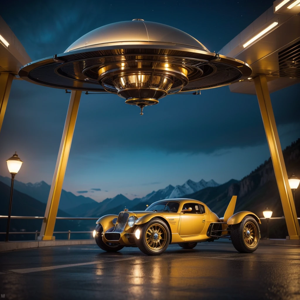 art deco style flying car, art deco style science fiction, the background is a vast mountain(best qualityer,4K,8k,high resolution,work of art:1.2),ultra detali,(realisitic,photorealisitic,photo-realisitic:1.37),HDR,ultra HD,studio lighting,ultra-fine painting,sharp focus,Physically based rendering,extreme detailed description,proffesional,bright coloured,bokeh.