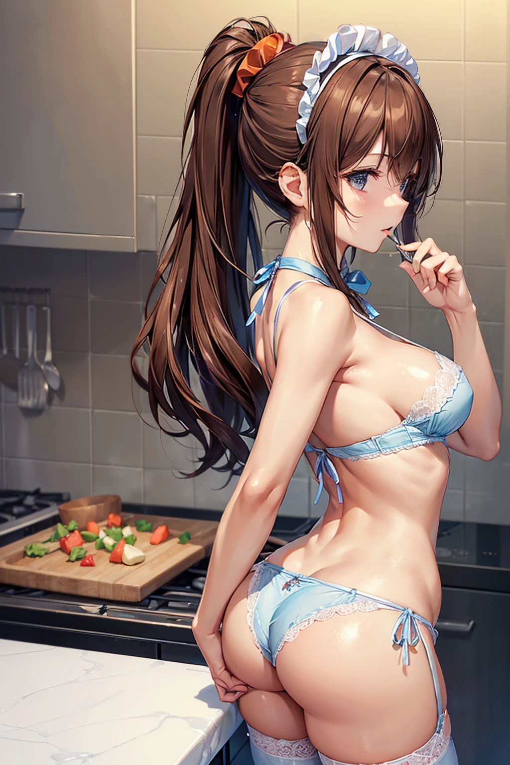 (((masterpiece, Highest quality, High resolution, 超High resolution, Perfect Pixel, Depth of written boundary, 4K, RTTX 10.0))), Beautiful Anime Woman, Beautiful art style, Anime characters, ((Smooth texture, Realistic texture, Anime CG Style)), Exact finger count、Exact number of legs、(Exact number of arms:1.0, Exact number of hands:1.0), (Perfect hands, Perfect Anatomy), Cinematic, Realistic, Extremely detailed CG, Daytime lighting, Perfect lighting, Best Shadow, The best natural light, whole body, Perfect body, バランのとれたPerfect body, Perfectly balanced style, Slender body, ((Long Hair, bangs, Reddish brown hair, ponytail)), ((Back view of a cute adult woman cooking:1.8)), (pussy juice:1.5), ((Bow tie around neck:1.3), (Sexy and cute light blue underwear:1.3), (Stylish shiny light blue satin panties, Side-tie full-back panties, Full back panties with lace trim:1.3), (Thin panties:1.3), (Light blue micro lace satin bra, Light blue bra with lace trim, Thin bra:1.3), (garter belt, Garter Strings, Knee socks:1.3):1.3), (Stylish kitchen, In the middle of cooking, Dishes lined up in the kitchen:1.5), naked, In underwear, (Frilly maid-like headband:1.2), Angle from directly behind, Close-up angle of buttocks in full-back panties