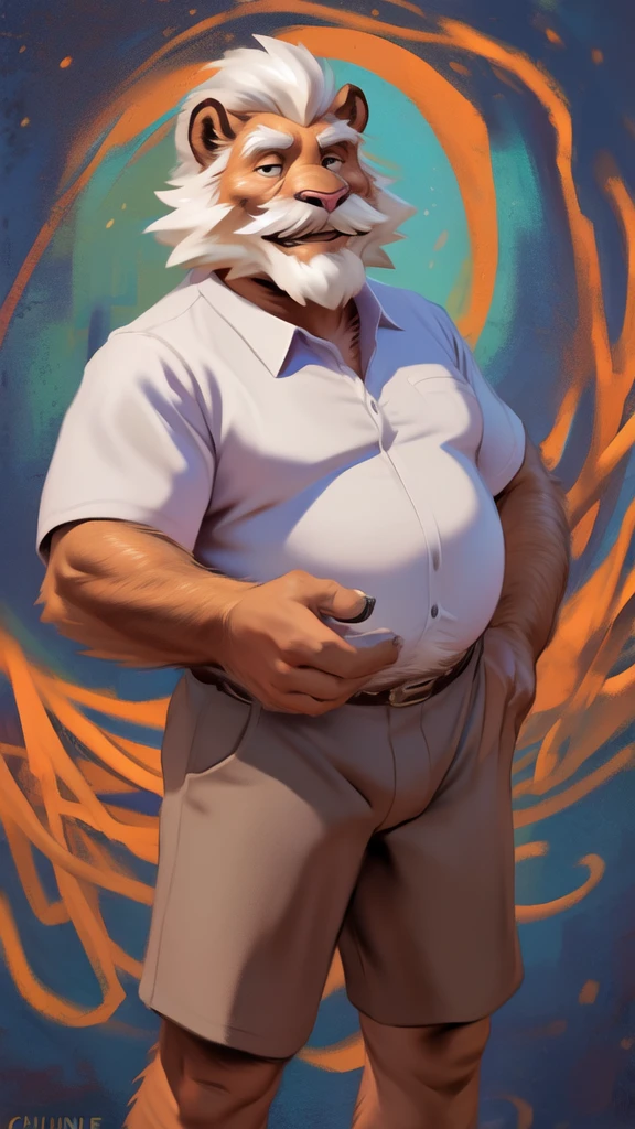 by chunie by catsudon by retros, male,ridiculuous,((mature,mature male)),((Bearded,mustache)),dad bod, felid, solo, Lion,(white hair), facial hair, facing viewer,((full body shot)),((highly detailed face)), (((Grandpa Figure))), ((smilling)), red and orange spiral background, ((white shirt,short pants)), smile, ((((wise)))),
