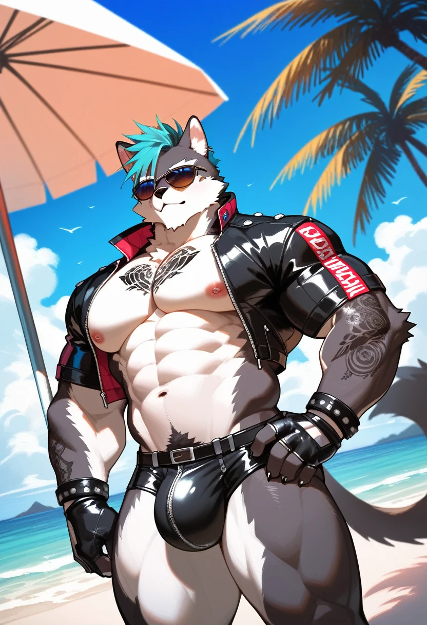 Highest quality, Highest quality, High quality illustrations, masterpiece, Ultra-high resolution, Detailed Background, beach, Absurd, Perfect Anatomy, performance, Good lighting, Shadows in the movies(kemono, Furry Personifi猫ion), Muscle Body, latex, neon, neonカラー, cyber punk, Swimwear, sunglasses, Tattoo, Huge bulge, Dynamic Angle
