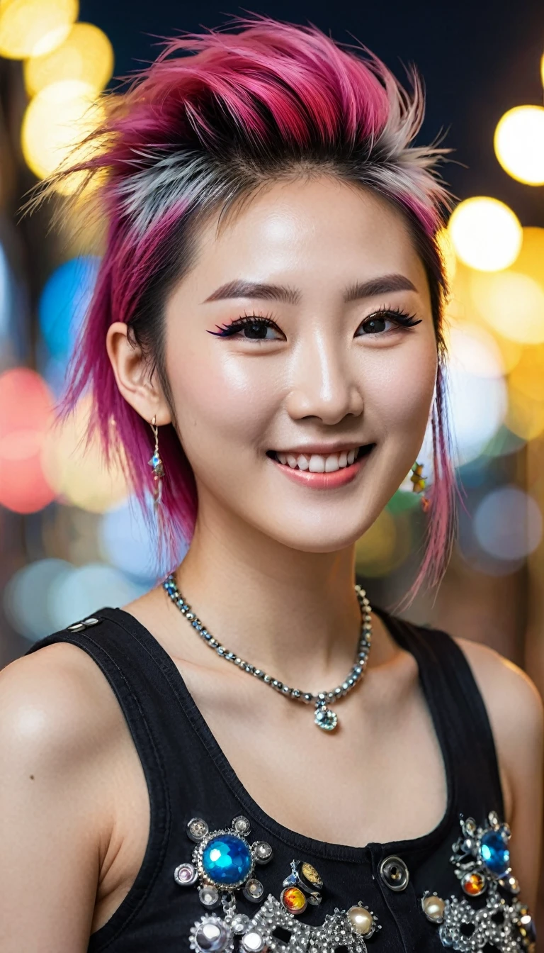 hyper ultra realistic photography, hyper ultra maximalism, sharp, focused and very detailed, a beautiful Korean woman, with a perfect face, clean white, smooth skin. punk rock hair, and punk rock appearance, smiling sweetly, like a princess from the kingdom of heaven. With a bokeh background, the sparkling colorful lights of a metropolitan city combine with the bright dark night of a metropolitan city.