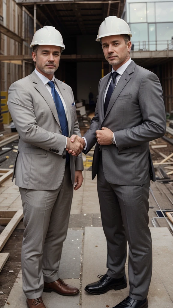 2 white men. age around 45-50 years. one with little beard. In suits with ties. looking directly at camera. shaking hands. not standing too close. only top of the body. with construction helmet. at construction site. with big pipes at background.