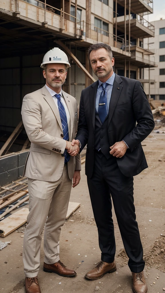 2 white men. age around 45-50 years. one with little beard. In suits with ties. looking directly at camera. shaking hands. not standing too close. only top of the body. with construction helmet. at construction site. with big pipes at background.