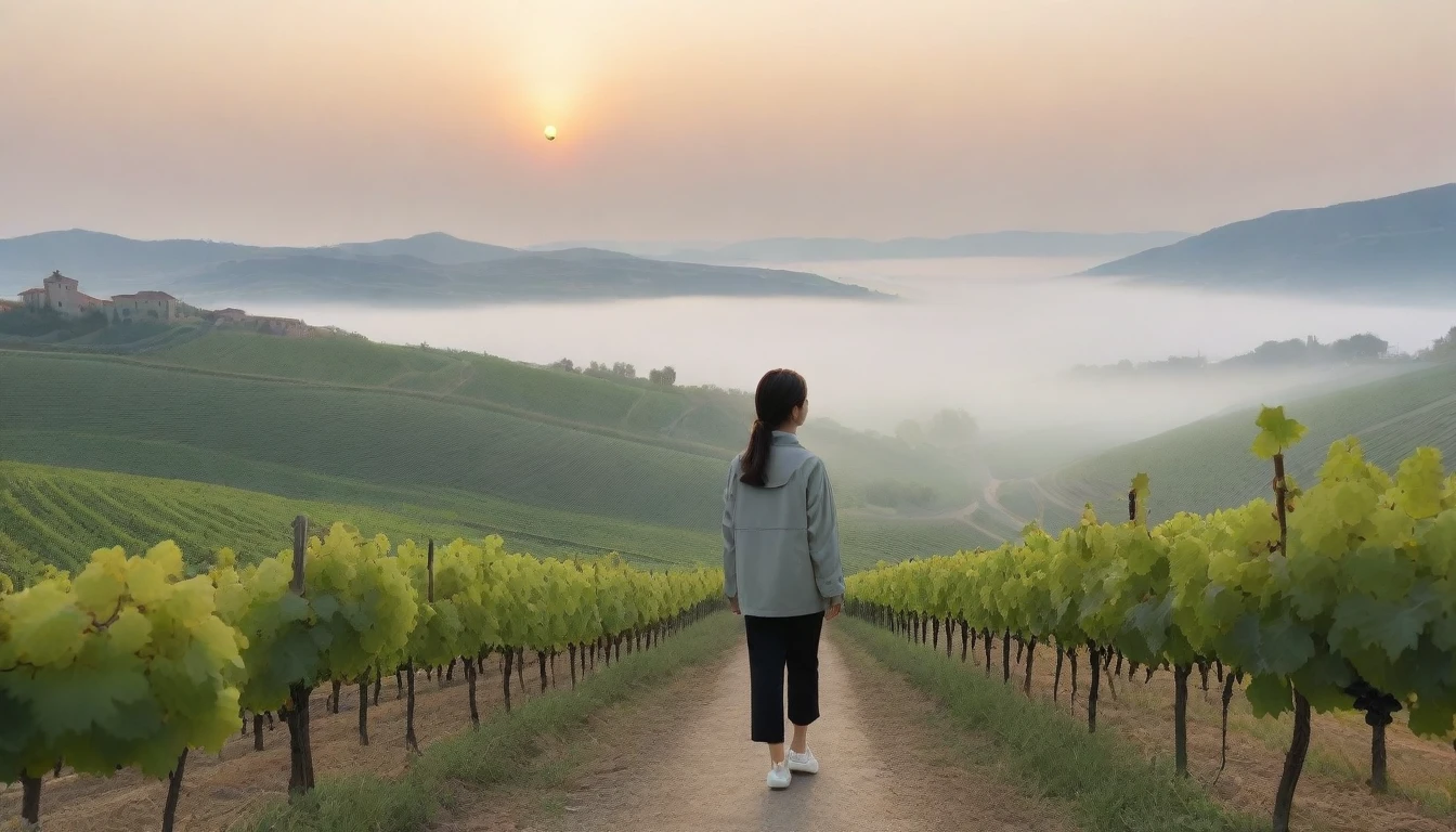 8k realistic, lifelike photo,, 36 year old Korean woman, Short in stature, pretty like a model. High-end luxury brand windbreaker, casual pants, short medium hair, Smiley, Italy. vineyard, thick dawn fog. vineyard 멀리 짙은 안개 속으로 성당이 보인다. 1 woman, Short in stature, Excellent picture quality, The morning fog is thick, The picture quality is alive. 옆면 look up, sunrise red light, A monastery can be seen in the distance, . Smiley, Wide angle lens full body shot, look up, walking from afar, walking on a narrow path, the grapes did not ripen