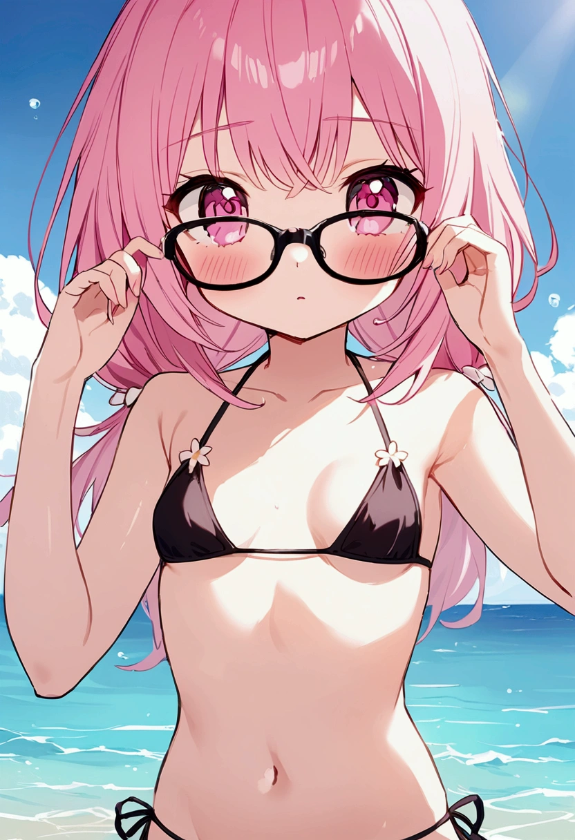 pink hair black glasses pink eyes extremely blushing she has very small breasts she wears a bikini she is a reserved girl who is in the sea