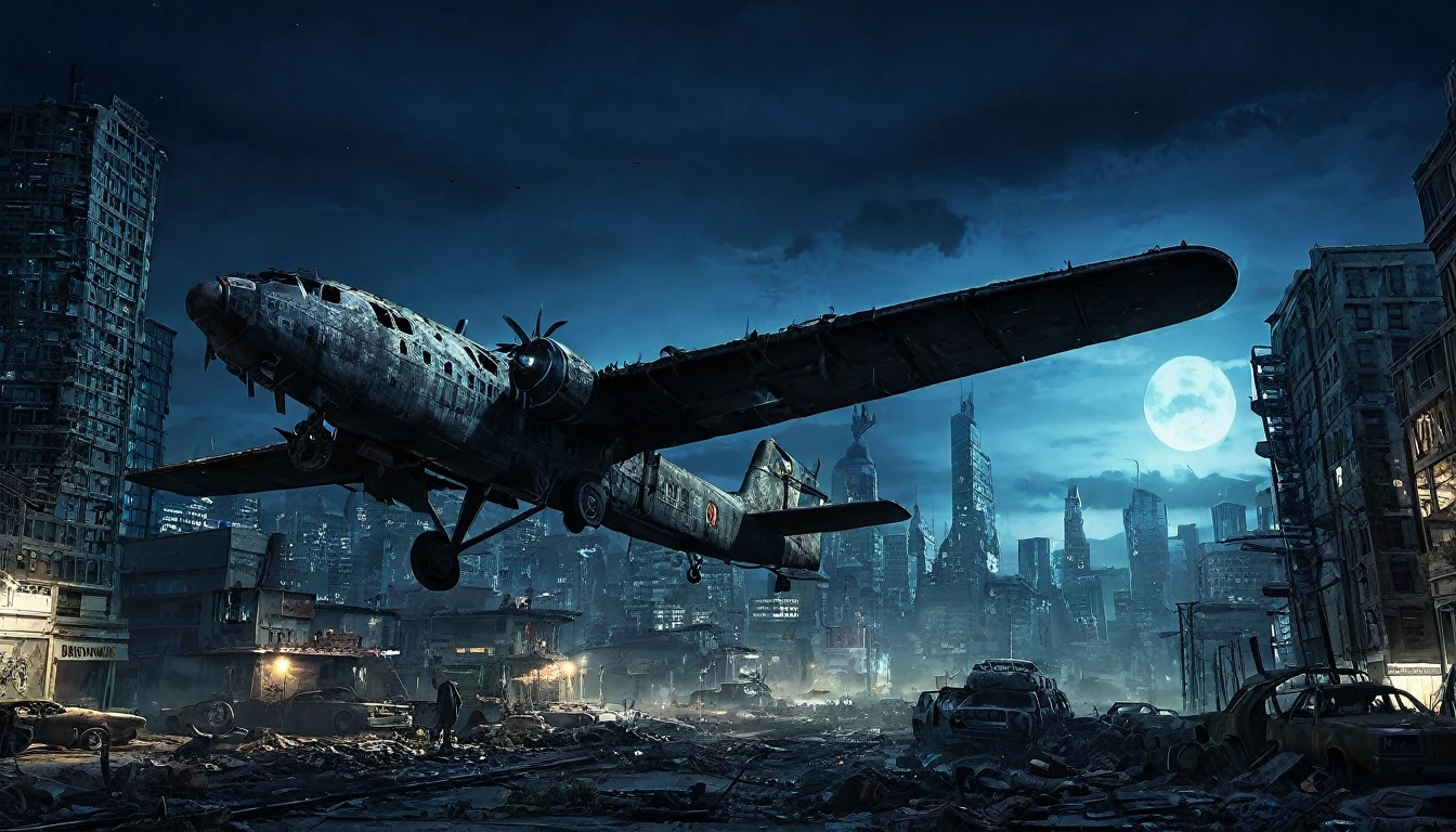 plane night city post apocalyptic