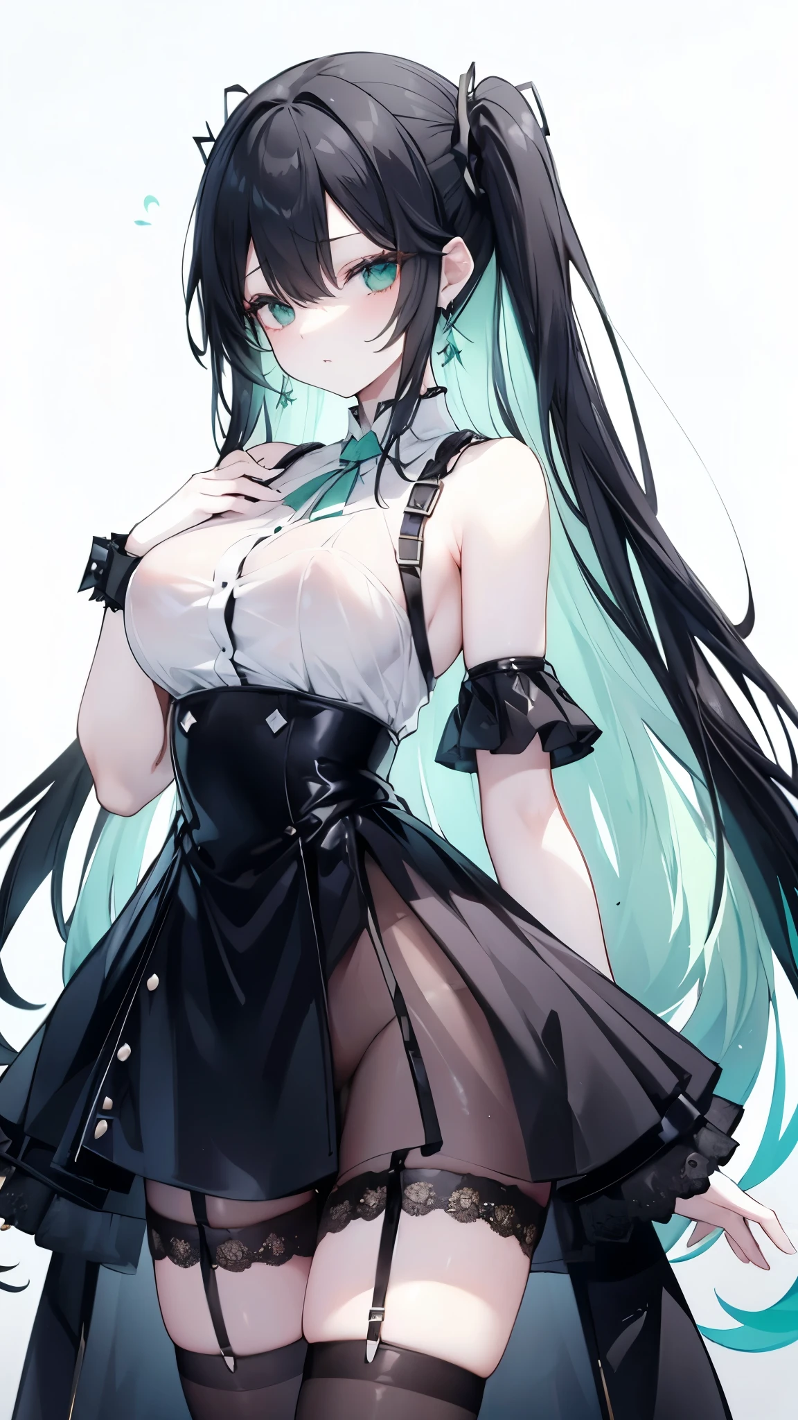 Long Black Hair、Half Up、Mint accents、Slanted Eyes、Mint-colored eyeint colored earrings、Big Breasts、Shoulder Bare、Black clothes、See-through、Black Skirt、tights、garter belt
