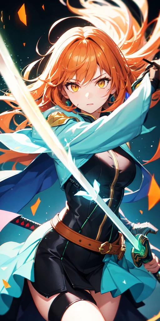 colorful, 1girl, orange hair, yellow eyes, dual wielding, sword, holding sword, green gale, glow, glowing weapon, light particles, wallpaper, chromatic aberration,
