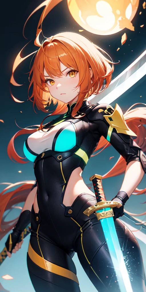 colorful, 1girl, orange hair, yellow eyes, dual wielding, sword, holding sword, green gale, glow, glowing weapon, light particles, wallpaper, chromatic aberration,