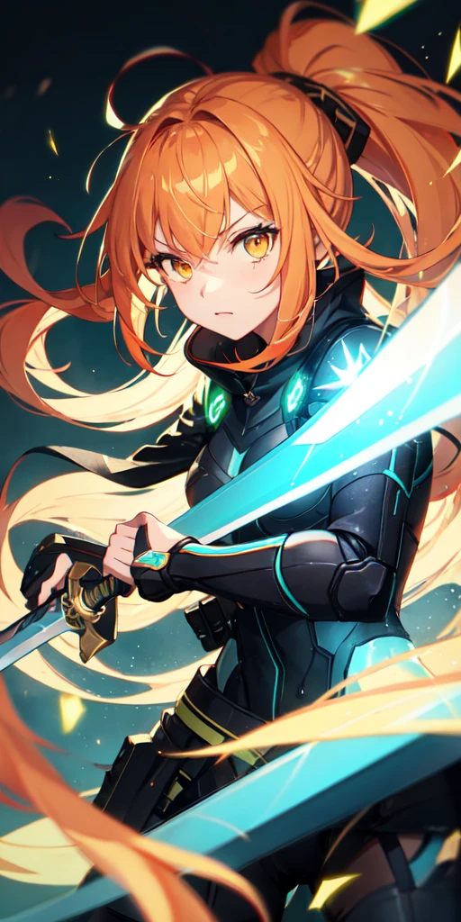 colorful, 1girl, orange hair, yellow eyes, dual wielding, sword, holding sword, green gale, glow, glowing weapon, light particles, wallpaper, chromatic aberration,
