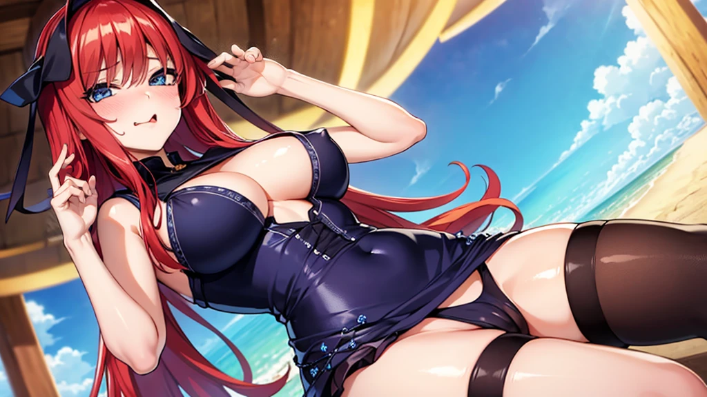 Highest quality, masterpiece , wallpaper, One beautiful girl, Highly detailed eyes and face, Beautiful attention to detail, Blue Eyes , Beautiful dark red hair , deep night, 20-year-old , Large Breasts、Nipples , Hairstyle Nuance Long , Mole on cheek , Ahegao , Ecstasy face , Climax , Sticking out tongue , Drooling from the mouth , Nakano May , sweating a lot , Costume Dress , show off your vagina , Pose to invite men , no bra no pants , Mouth very wide open , Expression of sigh , Ocean