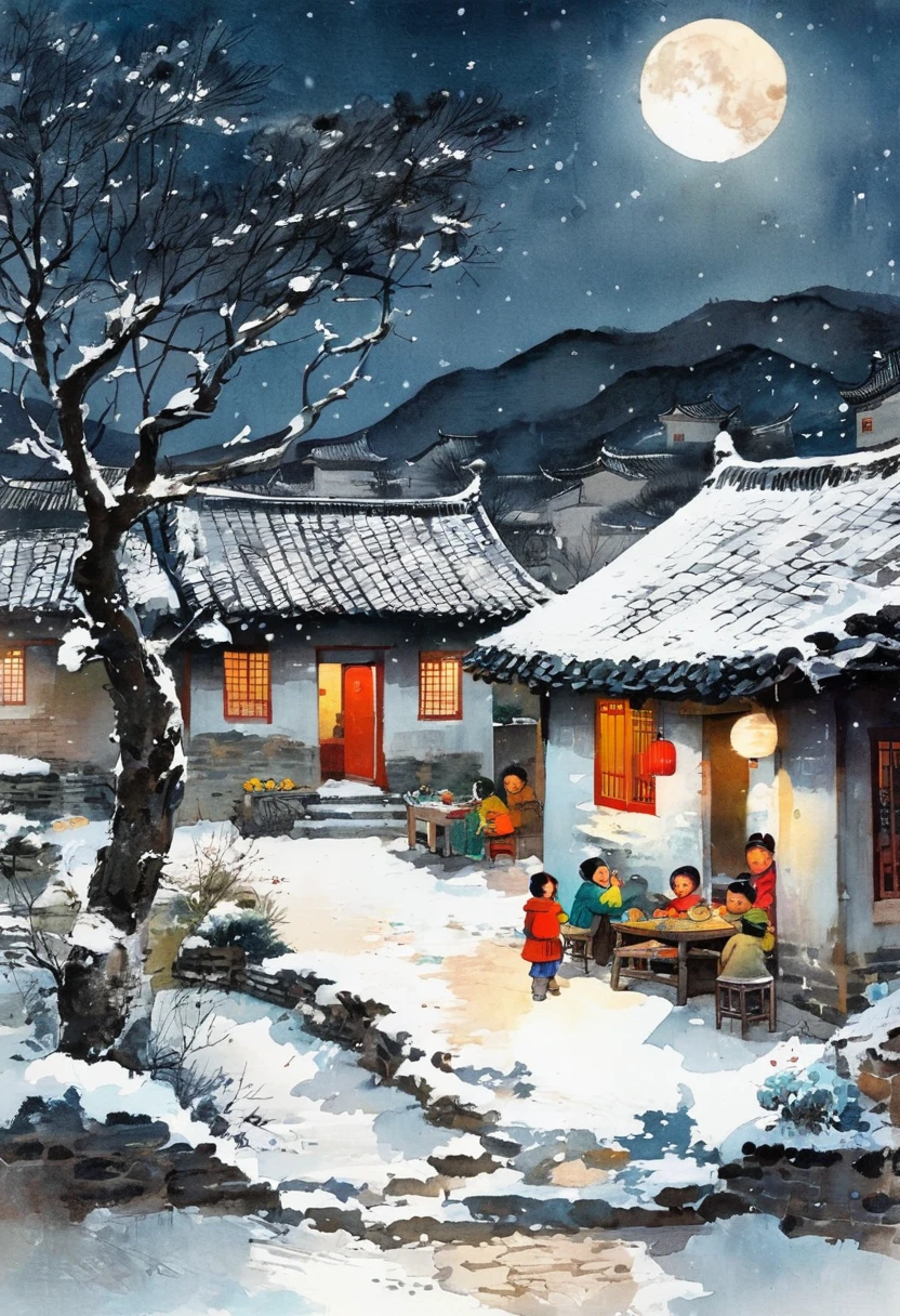 Ink Painting：China 70s，moonlight，Village courtyard，Warm home，patio，Persimmon tree，Happy little ones