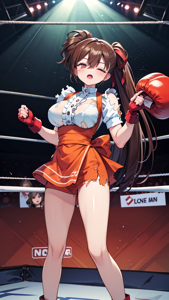 Highest quality，masterpiece，lean back，sleep，(レスリングのリングにlean back, WWE Divas，Wrestling Arena，Wrestling ring background, Boxing ring background), Facing forward, Lack of stamina, Ryona, Hitting a girl, death is near，タケユカ 超ロングヘア ヘアribbon, Frilled shirt, Underbust, ribbon, Fingerless gloves, White gloves, Waist apron, Orange Skirt, socks, Toeless legwear，winner, Nice, winner, (Moaning , Open your mouth), ((, Facing forward, lean back，Torn clothes，Torn clothes，　Tattered clothes，sleep, lose consciousness, Unconscious, )), , ( Tilt your head),
