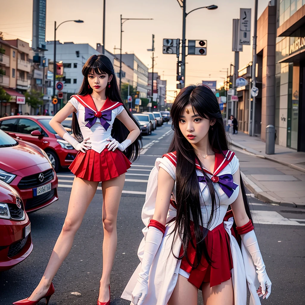 1 girl,long hair, (high quality,8K,black hair, realistic, high quality,masterpiece,Super detailed, disorganized)1.5,((Summer 1, tiara, Sailor Mars Uniform, white gloves, Red sailor collar, red skirt)),City of night,white gloves,purple ribbon,purple eye, (magical world,fire), (half body photo, standing:1.5), yeji, yeji of itzy,kpop