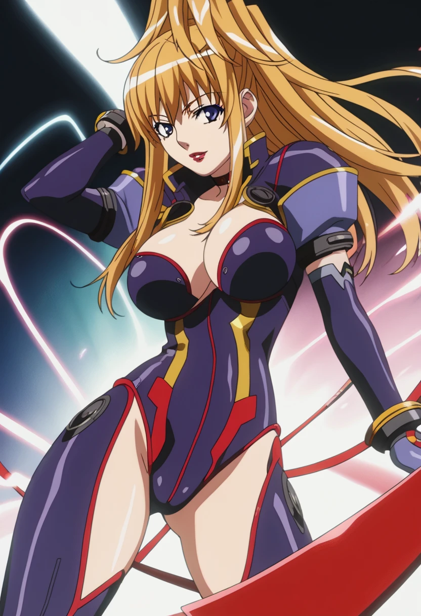 score_9, score_8_up, score_7_up, score_6_up, score_5_up, score_4_up,detailed Lora,masterpiece,best quality,highres,absurdres,official art,official style,source_anime,anime coloring,(anime_screencap),(megami magazine),anime,animated,explicit,shiny skin,extremely detailed CG unity 8k wallpaper,detailed face,perfect face,beautiful face,detailed eyes,perfecteyes,expressive eyes,perfect anatomy,BREAK,MIzuki_Tachibana,blond hair,long hair,ponytail,blue eyes,red lips,huge breasts,cleavage,purple bodysuits,purple gloves,high heels,nallow waist,cowboy shot,