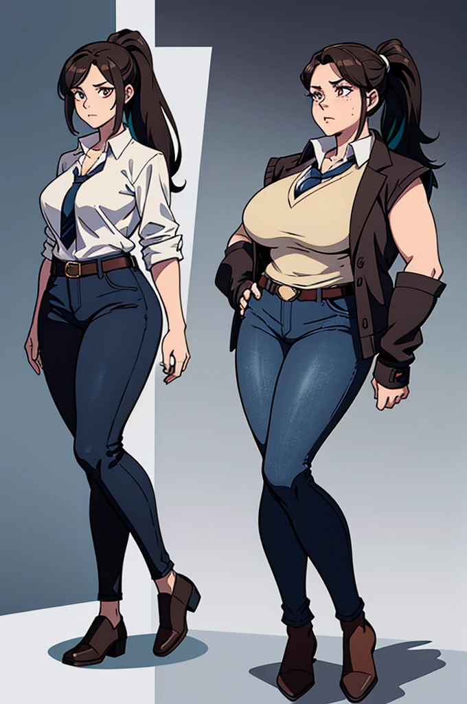 older female, busty, massive ass, tiny waist, classy, multiple views of the same character,model sheet,chatacter sheet, character sheet, front view, feet together, standing straight, arms extended to the sides, side view, profile view, standing look to the right
