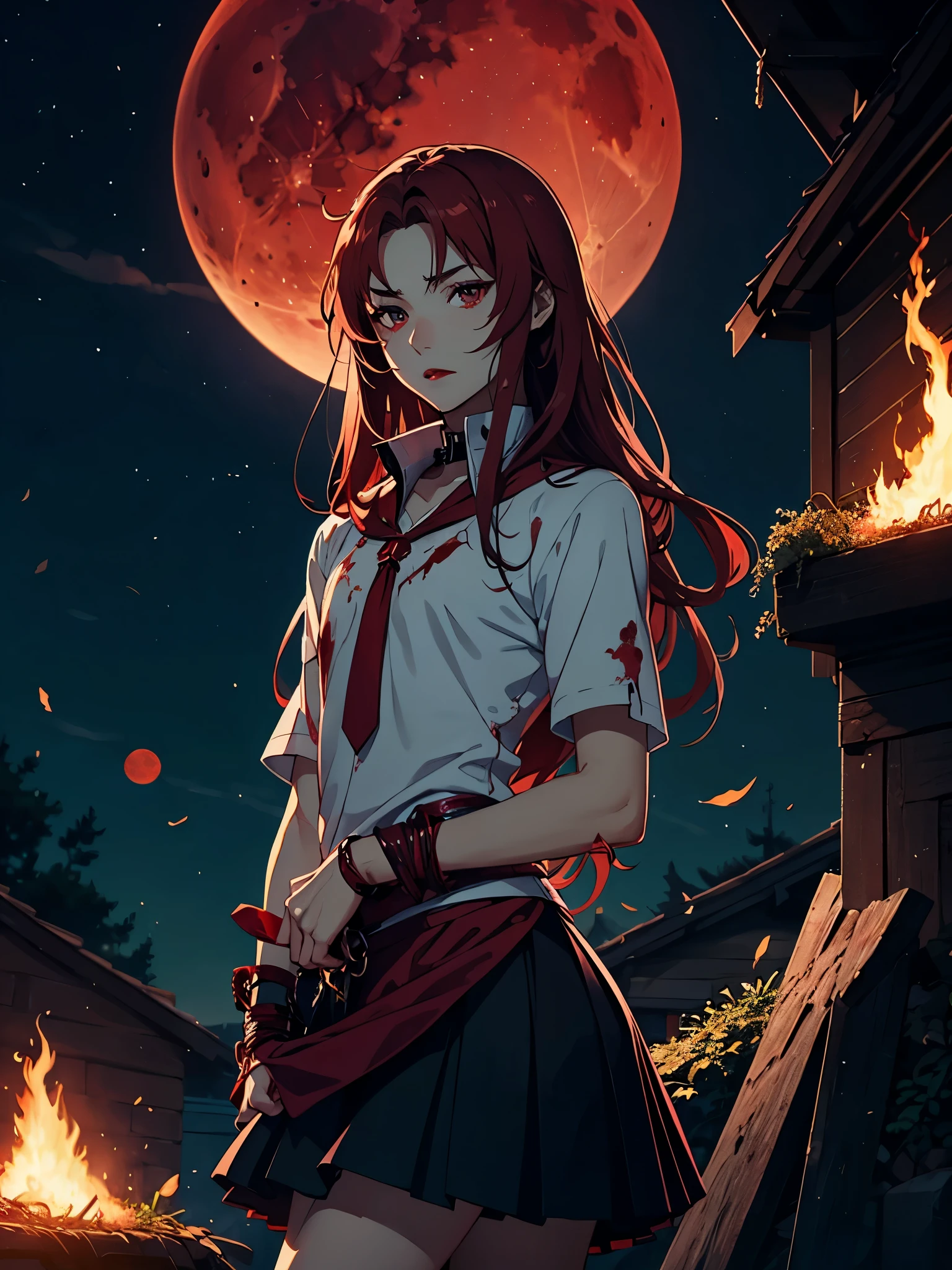 Bondage. Skirt. Red lipstick. 火. 火rote Haare. Red hair. Red eyeliner. Blood Moon. More anime. male. Long hair. Boy.