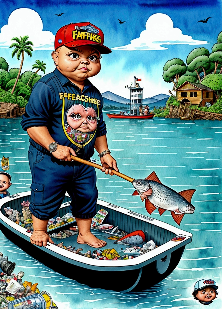 Frank the fisherman catching a big fish , bat in left hand, ((garbage pail kids style)), on a small boat in the water, wide angle, cartoon, high quality, watercolor, detailed, full body