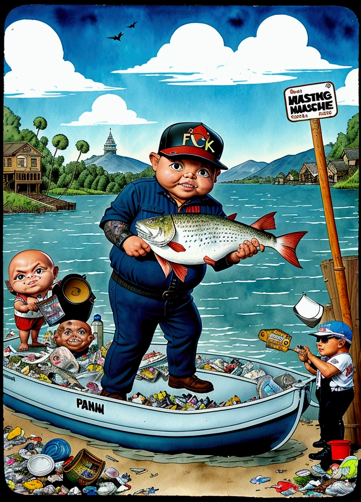 Frank the fisherman catching a big fish , bat in left hand, ((garbage pail kids style)), on a small boat in the water, wide angle, cartoon, high quality, watercolor, detailed, full body