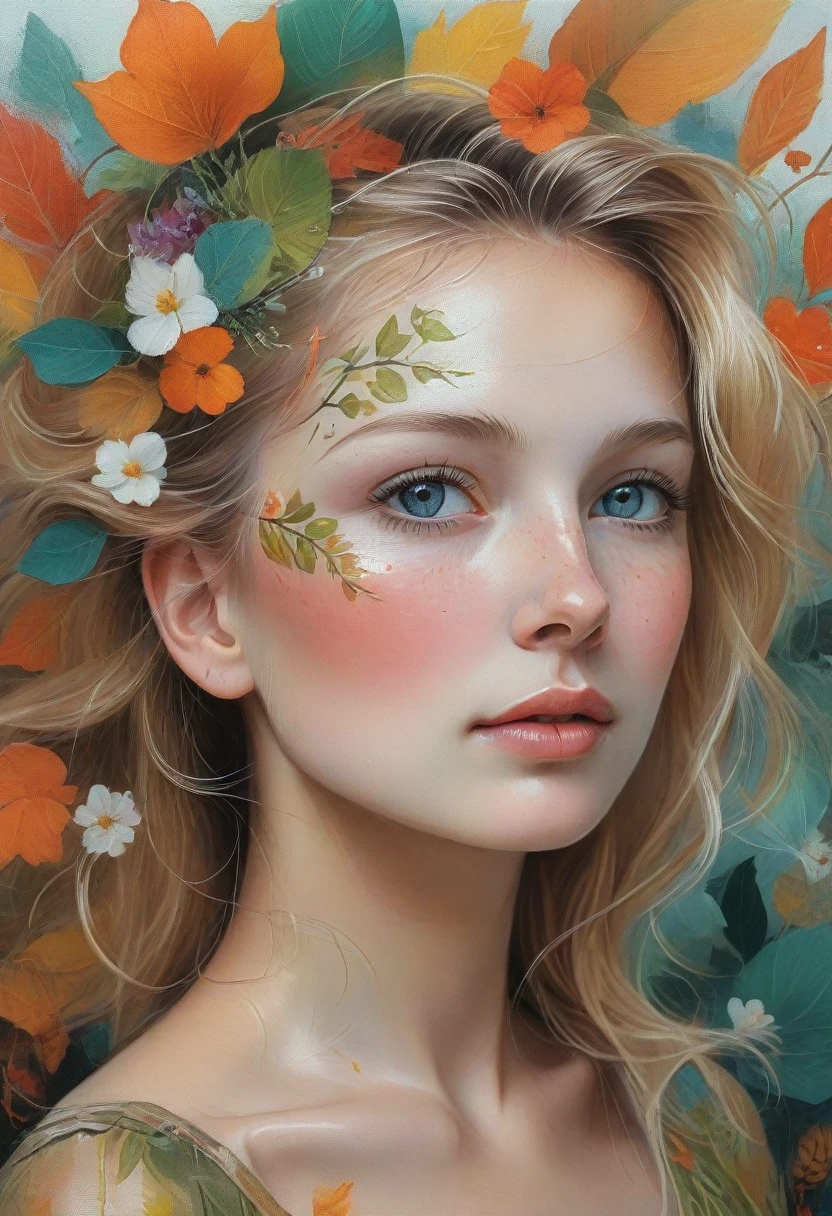 an infgraphic of a human head seen from the side, with the cortex visible through a translucent skull, rich detail, floral brain, vegetation, leave and blossoms, anatomy, vibrant, acrylc painting, wide brush strokes, colorful, (miyazaki style:1.27), colourful, autumn colors. positive vibes. (erin hansen style:1.2),((bw:-1.5), fair skin:1.3, gray face:-1.5, hole in face:-2, art deco style:1.5,extreme detail, moss, roots,vine,lillies, rose petals, spring ornaments