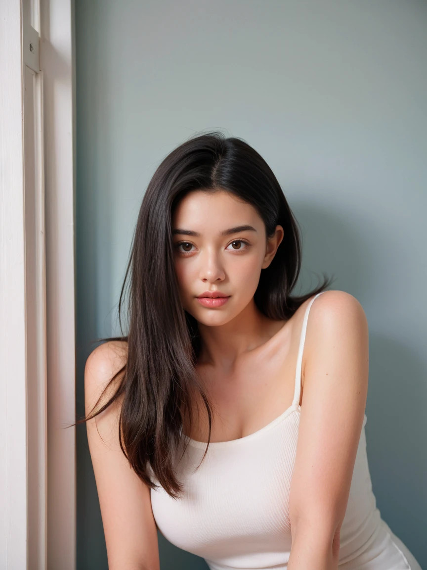 See-through tops、Big Breasts、camisole、(White wall as background、Some of her hair is sky blue:1.4)、White wall、Taken in front of a white door、(A room with a white wall and a window)、((highest quality、8k、masterpiece:1.3))、Ultra-high resolution、(photoGenuineistic:1.4)、RAW Photos、Japanese,(Detailed aspect)、Genuine、Photographed in natural light、Highly detailed face and skin texture、Highly detailed lips、The correct state of the human body、Medium Hair、Black Hair、Various poses、Natural color lip