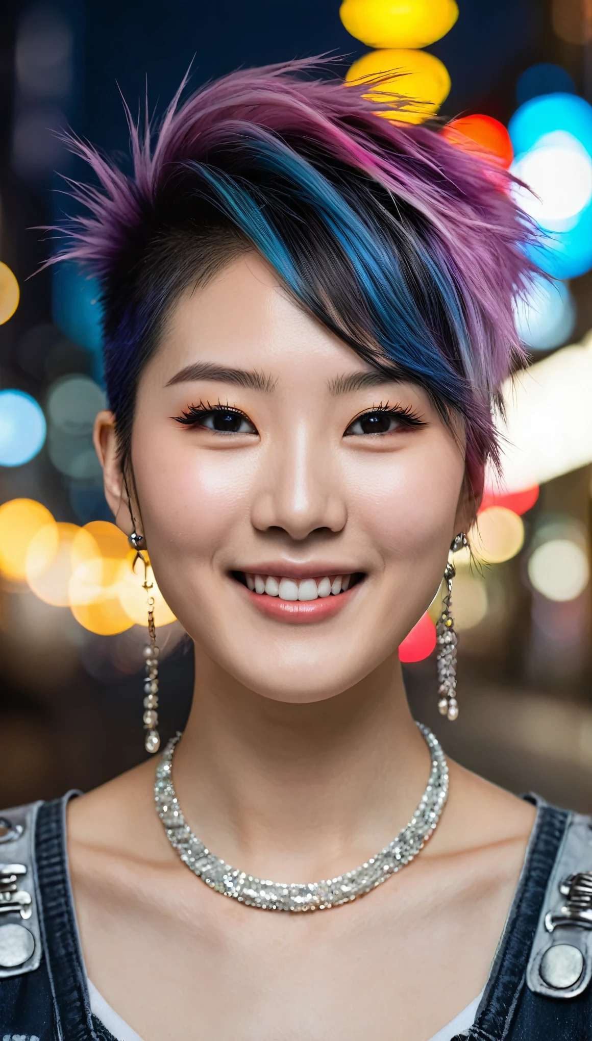 hyper ultra realistic photography, hyper ultra maximalism, sharp, focused and very detailed, a beautiful Korean woman, with a perfect face, clean white, smooth skin. punk rock hair, and punk rock appearance, smiling sweetly, like a princess from the kingdom of heaven. With a bokeh background, the sparkling colorful lights of a metropolitan city combine with the bright dark night of a metropolitan city.