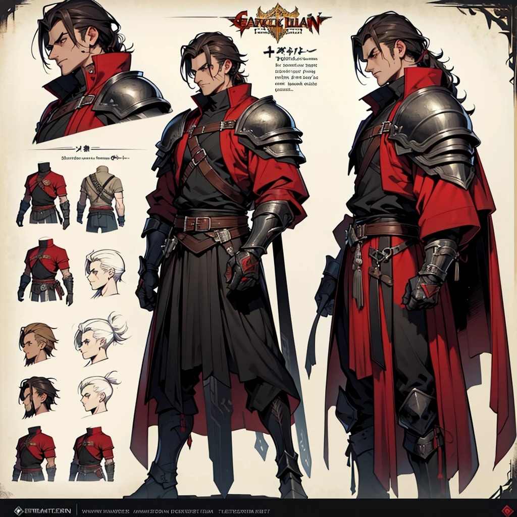 Tall man, barbarian man, black and red clothes
((character concept art)), ((Character design sheet, same character, on front, from on the side, At the back))
Character image, Video game character design, Video game character design,
hair color: black and long
Age: youth, eyecolor: Heterochromia: One eye is golden , the other is brown,
tall men, muscle, skin with scars
He wears gloves on his hands,
Armor black and red, Great helmo of a taurus, representing streight
ConceptArt, belt buckle at the waist, medieval dark style weapons,