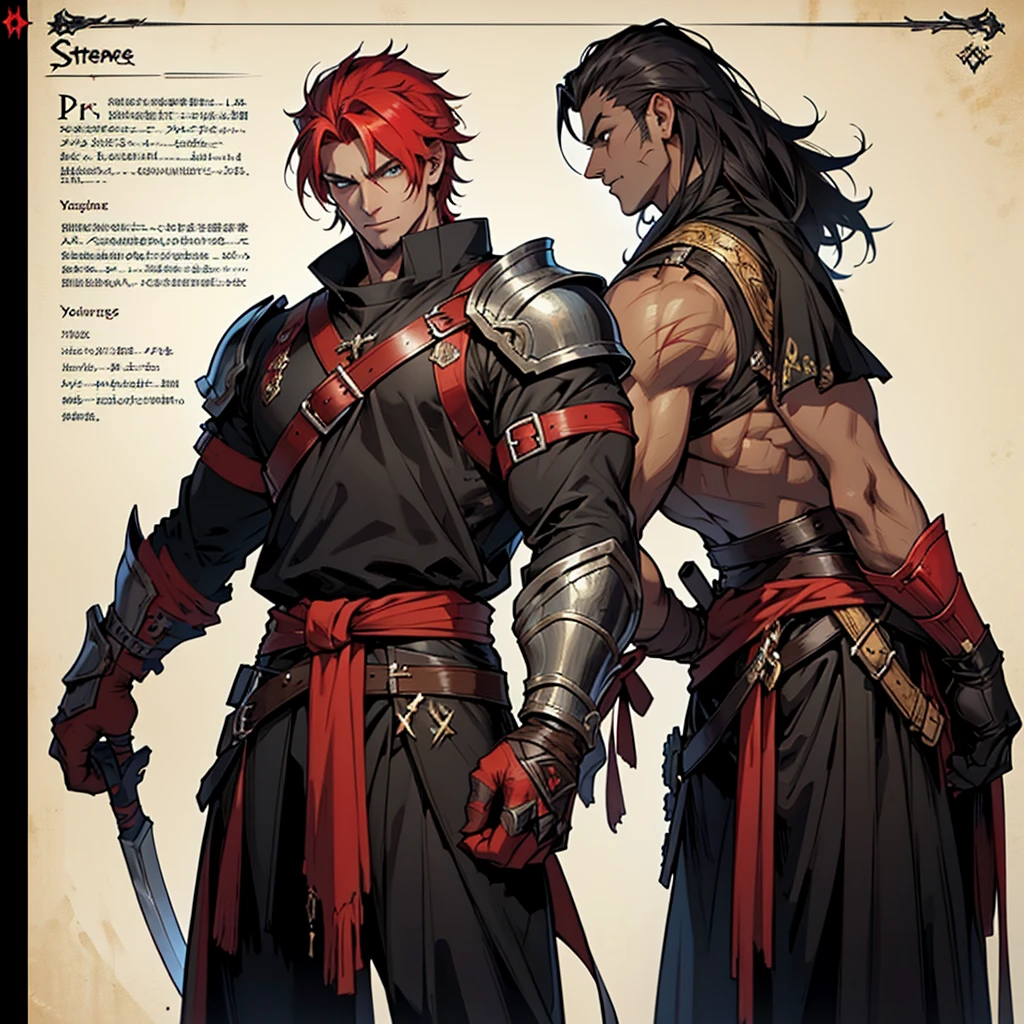 Tall man, barbarian man, black and red clothes
((character concept art)), ((Character design sheet, same character, on front, from on the side, At the back))
Character image, Video game character design, Video game character design,
hair color: black and long
Age: youth, eyecolor: Heterochromia: One eye is golden , the other is brown,
tall men, muscle, skin with scars
He wears gloves on his hands,
Armor black and red, Great helmo of a taurus, representing streight
ConceptArt, belt buckle at the waist, medieval dark style weapons,