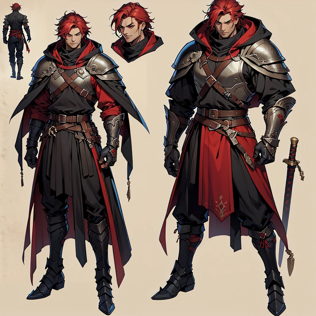 Tall man, barbarian man, black and red clothes
((character concept art)), ((Character design sheet, same character, on front, from on the side, At the back))
Character image, Video game character design, Video game character design,
hair color: black and long
Age: youth, eyecolor: Heterochromia: One eye is golden , the other is brown,
tall men, muscle, skin with scars
He wears gloves on his hands,
Armor black and red, Great helmo of a taurus, representing streight
ConceptArt, belt buckle at the waist, medieval dark style weapons,