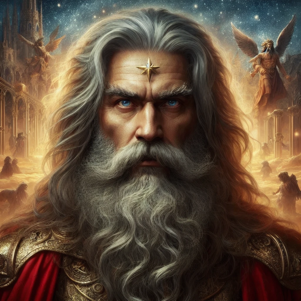 A painting of a man with a long beard and a gold crown, The enraged god Zeus, Father's Time, God of Winter, Portrait of the male god Svarog, the god zeus, Fantasy Proto-Slavic Mythology, Nordic God, Michael Horse (Unreal Engine, Old God, Olympian God, By Alexander Gierimski, By Nikola Avramov