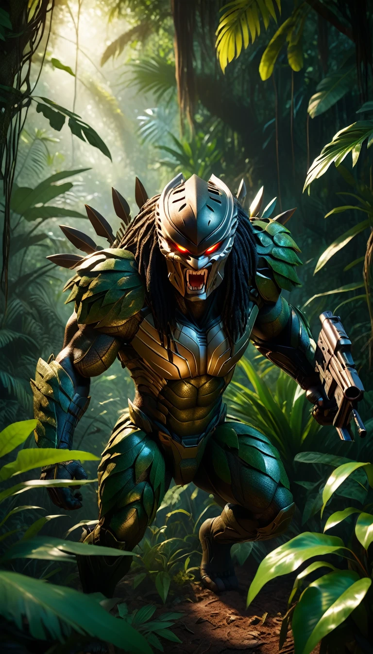 a highly detailed predator hunting in a lush jungle, 1 predator, muscular body, sharp claws, teeth, glowing eyes, camouflaged skin, stalking prey, jungle foliage, dense vegetation, sunlight filtering through leaves, realistic, cinematic lighting, dramatic shadows, muted color palette, gritty, detailed textures, ultra-detailed, 8k, photorealistic