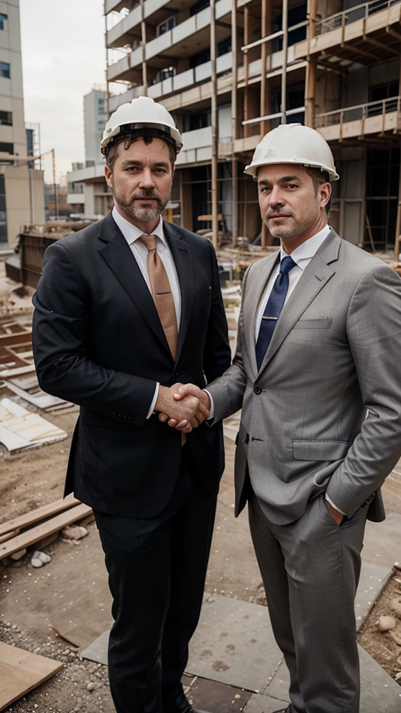 2 white men. age around 45-50 years. one with little beard. In suits with ties. looking directly at camera. shaking hands. not standing too close. only top of the body. with construction helmet. at construction site. with big pipes at background.