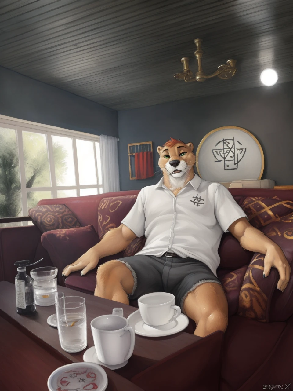 (hi res, absurd res, ultradetailed, intricate details), ((detailed face)), anthro (otter), good composition, indoor, porch, garden, outside:1.25, (by zaush, by anhes, by chunie, by truegrave9, by fluffx, by sigma_x), (detailed eyes, sun reflection in eyes), looking at viewer, posing, (by ewgengster \(artist\), by ruaidri, by sicklyhypnos, by tush, by daigaijin, by nirvana3, by ryuuzenga, by longinius, by toots, by blotch), (traditional media \(artwork\)):1.25,, clothed, scars, red_hair, green_eyes, pants, jacket, pupils, curled_tail, tail, 5_fingers):1.25, (runes, sigils, symbols):1.5,