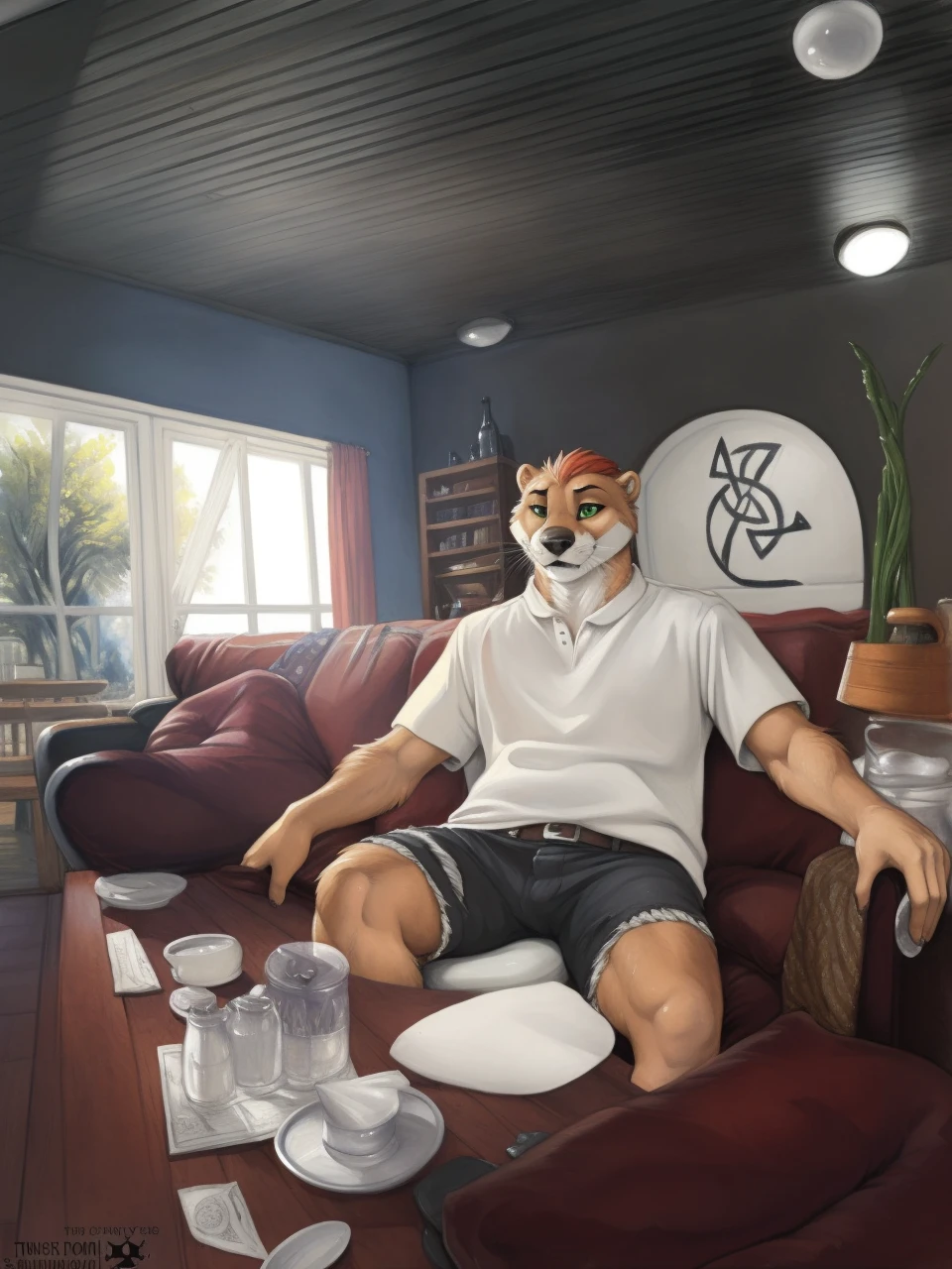 (hi res, absurd res, ultradetailed, intricate details), ((detailed face)), anthro (otter), good composition, indoor, porch, garden, outside:1.25, (by zaush, by anhes, by chunie, by truegrave9, by fluffx, by sigma_x), (detailed eyes, sun reflection in eyes), looking at viewer, posing, (by ewgengster \(artist\), by ruaidri, by sicklyhypnos, by tush, by daigaijin, by nirvana3, by ryuuzenga, by longinius, by toots, by blotch), (traditional media \(artwork\)):1.25,, clothed, scars, red_hair, green_eyes, pants, jacket, pupils, curled_tail, tail, 5_fingers):1.25, (runes, sigils, symbols):1.5,