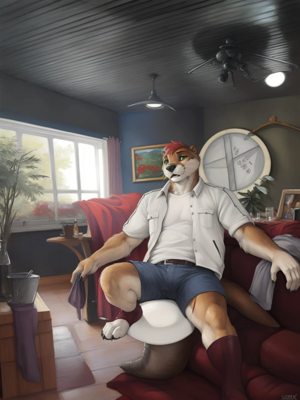 (hi res, absurd res, ultradetailed, intricate details), ((detailed face)), anthro (otter), good composition, indoor, porch, garden, outside:1.25, (by zaush, by anhes, by chunie, by truegrave9, by fluffx, by sigma_x), (detailed eyes, sun reflection in eyes), looking at viewer, posing, (by ewgengster \(artist\), by ruaidri, by sicklyhypnos, by tush, by daigaijin, by nirvana3, by ryuuzenga, by longinius, by toots, by blotch), (traditional media \(artwork\)):1.25,, clothed, scars, red_hair, green_eyes, pants, jacket, pupils, curled_tail, tail, 5_fingers):1.25, (runes, sigils, symbols):1.5,