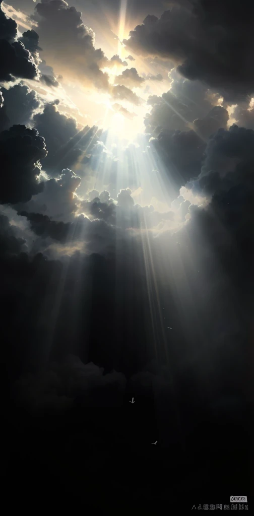 A beam of sunlight in the sky with birds flying in the background, Light from above, Heavenly dramatic lighting, Light of God从天而降, Divine light shining through the clouds, Light Column, Beams of light in the sky, Light of God, Theatrical lighting with divine brilliance, Divine Light, Light Arrow