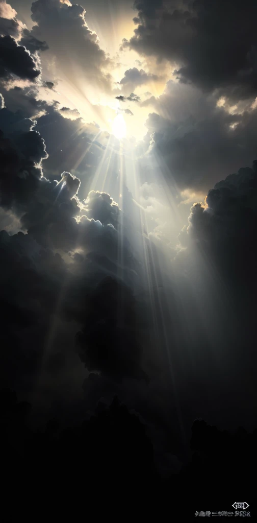 A beam of sunlight in the sky with birds flying in the background, Light from above, Heavenly dramatic lighting, Light of God从天而降, Divine light shining through the clouds, Light Column, Beams of light in the sky, Light of God, Theatrical lighting with divine brilliance, Divine Light, Light Arrow