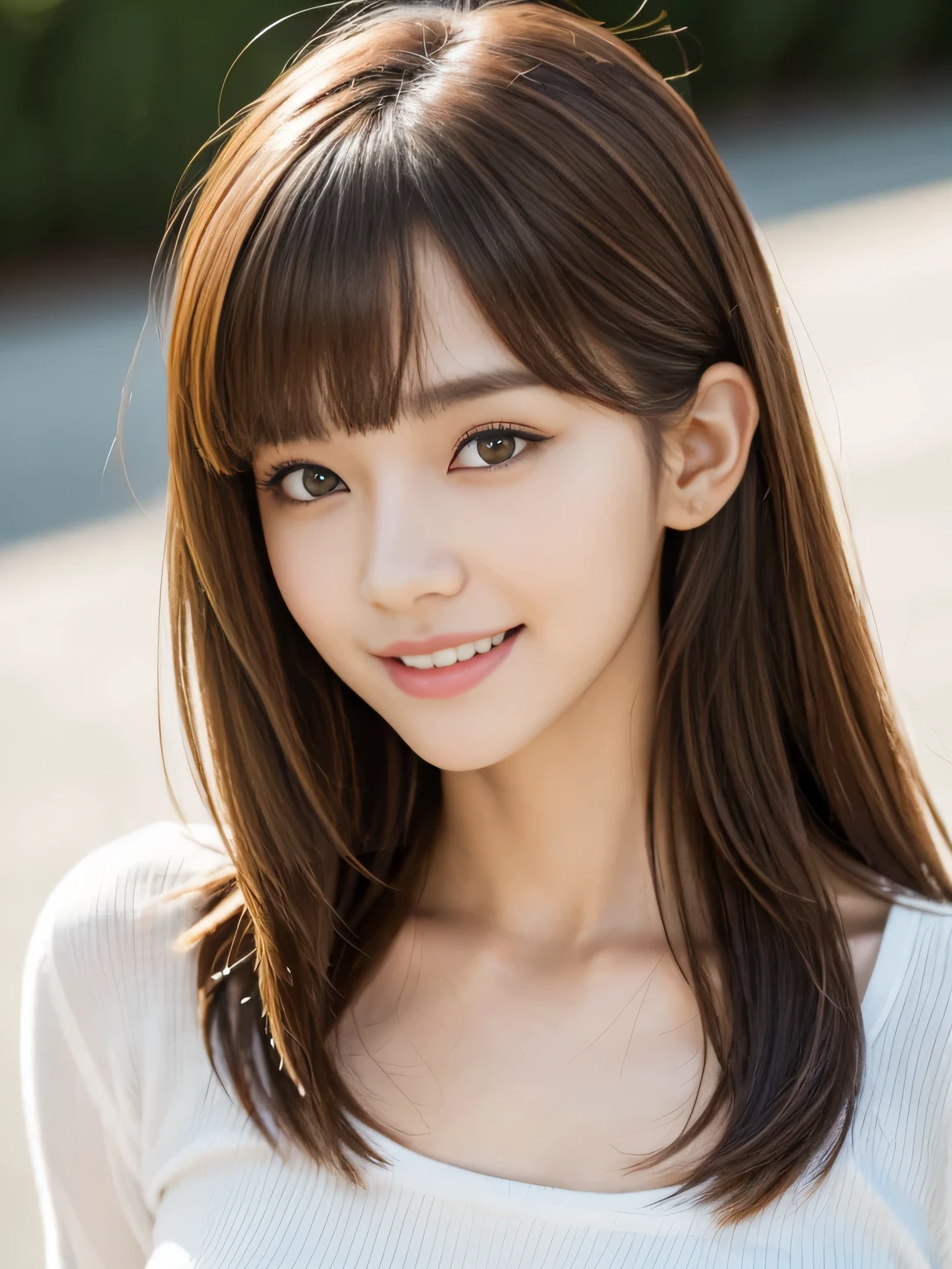 masterpiece, best quality, ultra-detailed, intricately detailed hyperdetailed, realistic, sharp features, highly detailed, sharp focus, (18 years old:1.3), Japanese Idol, perfect face, perfect symmetrically eyes, perfect full lips, hyper detailed, hyper realistic, high resolution, Fashion Model, Slender, Stylish, Realistic, Photorealistic:1.3, Beautiful Face, from above, POV shot, light brown hair, messy hair, asymmetrical bangs, Neat clothes, (smile), (white tops:1.2),