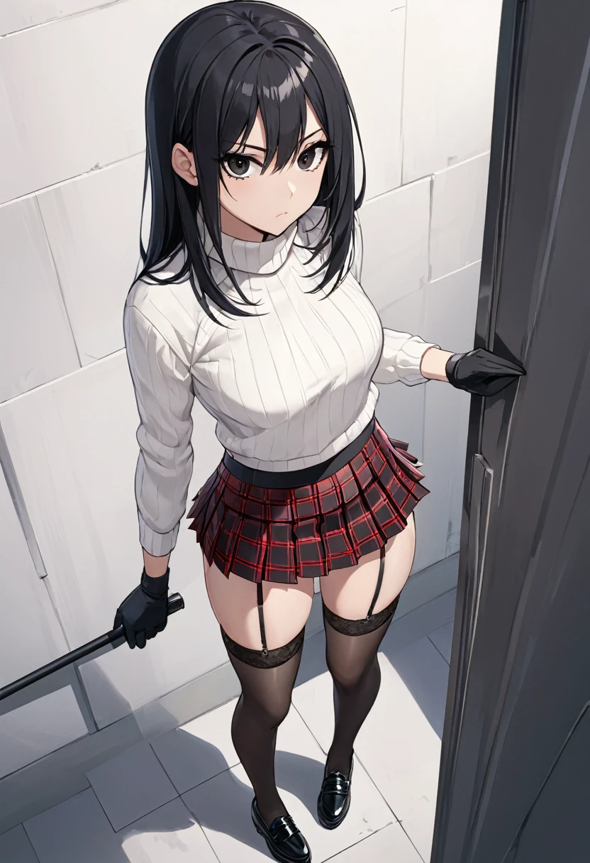 Girl with a Japan sword、Round, black eyes、Bloody short-sleeved shirt、A girl covered in blood after being splashed with blood. She lifts her skirt with both hands.、Showing off cute white underwear.、Black garter belt、Black rough fishnet stockings、A plain white shirt with short sleeves and a red tie、Standing posture、Abandoned Factory