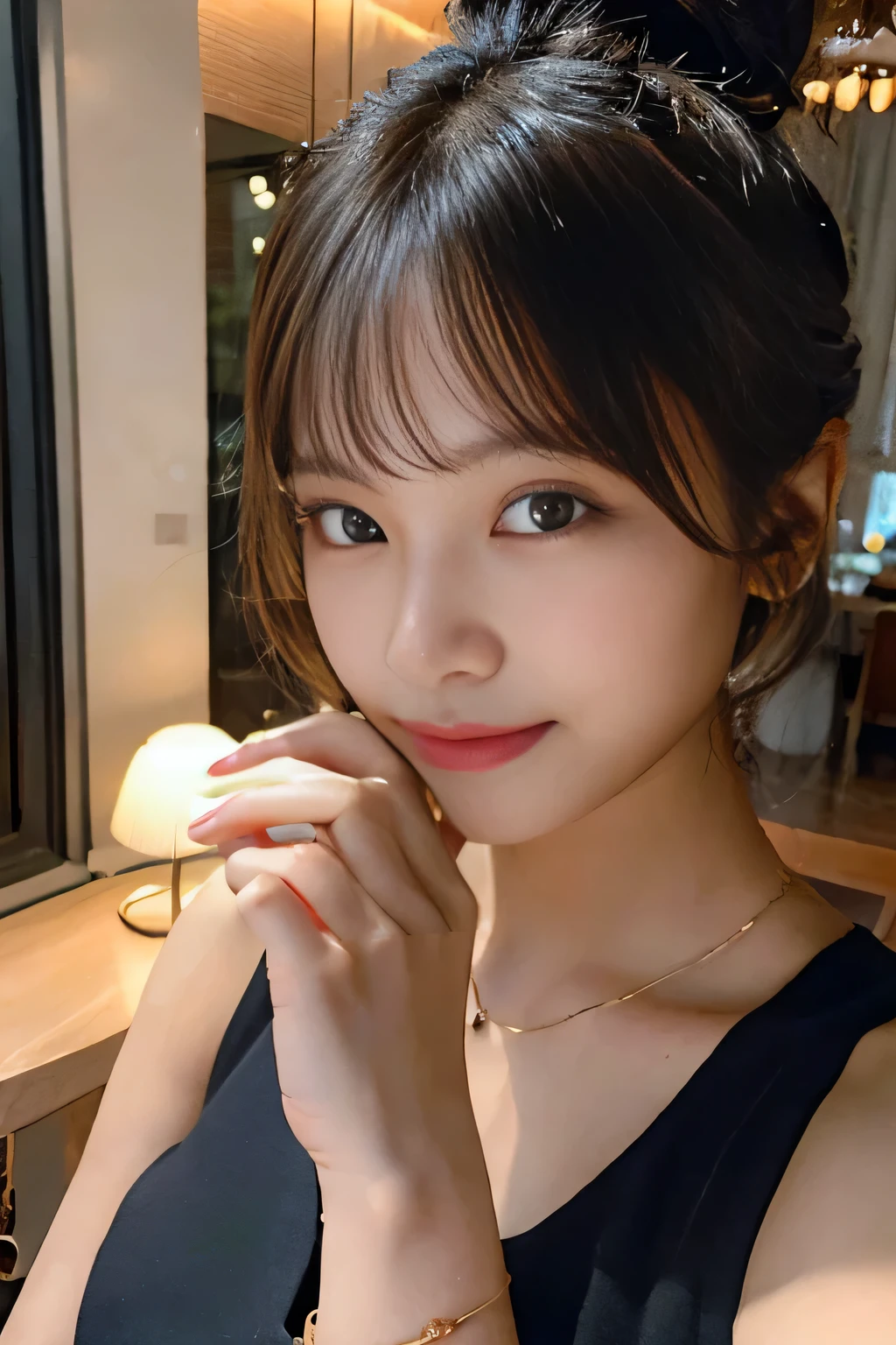 Close-up shot, Instagram photo of a 22-year-old Sri Lankan woman named Kasuni, (messy bun hair), fair skin, detailed hands, at night in a black dress in her luxury apartment, p_m_s, taking a selfie, selfie, holding a phone, take selfie with phone covering face, natural light, realistic, photorealistic, selfie pose, Realism,selfie,p_m_s