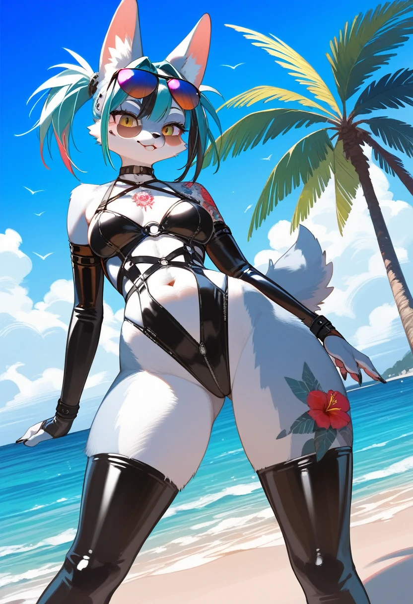 Highest quality, Highest quality, High quality illustrations, masterpiece, Ultra-high resolution, Detailed Background, beach, Absurd, Perfect Anatomy, performance, Good lighting, Shadows in the movies(kemono, Furry Personifi猫ion), latex, neon, neonカラー, cyber punk, Swimwear, sunglasses, Tattoo, Dynamic Angle