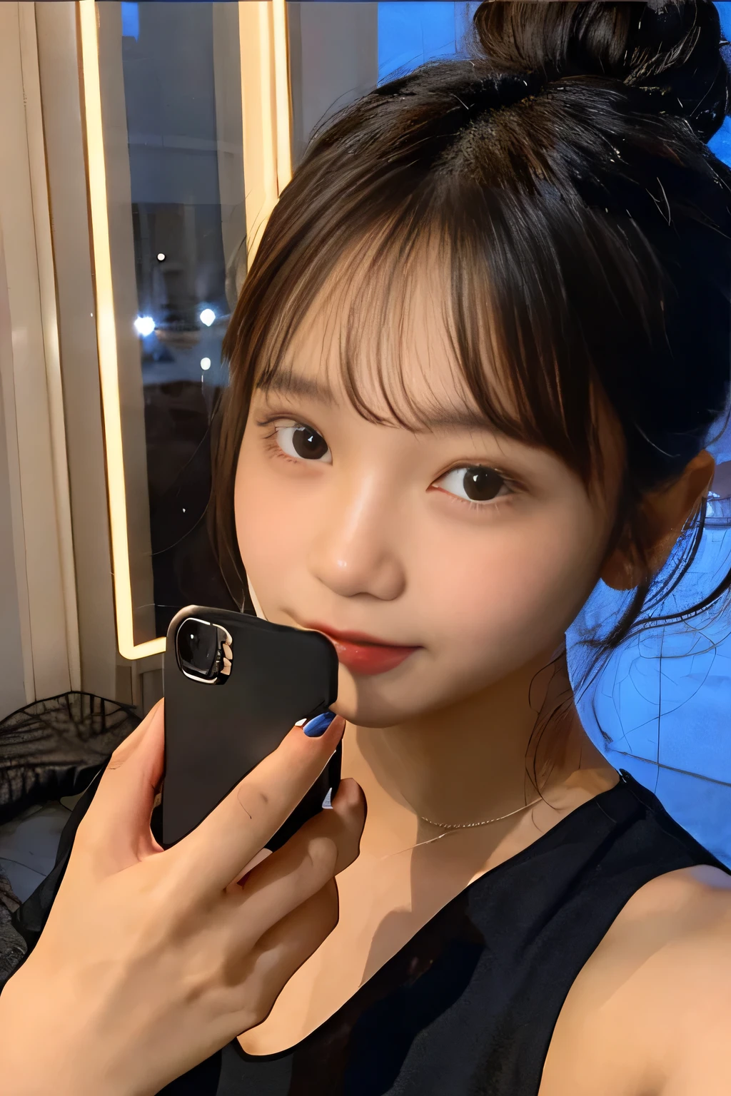 Close-up shot, Instagram photo of a 22-year-old Sri Lankan woman named Kasuni, (messy bun hair), fair skin, detailed hands, at night in a black dress in her luxury apartment, p_m_s, taking a selfie, selfie, holding a phone, take selfie with phone covering face, natural light, realistic, photorealistic, selfie pose, Realism,selfie,p_m_s