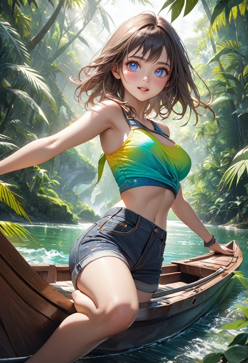 a beautiful young girl in a colorful crop top and hot pants exploring the jungle on a boat, excited to discover the unknown world, detailed face and eyes, beautiful detailed(bright eyes, sparkling pupils), beautiful detailed(exciting face), middle breasts, highest detailed, 16k, hyper-realistic, photorealistic:1.37, masterpiece:1.2, highres, dynamic exciting pose, river, lush vegetation, sunlight filtering through leaves, sense of adventure, vibrant colors