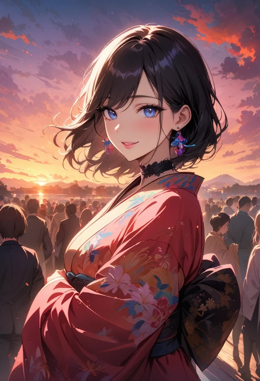 masterpiece, Ultra-high-definition CG, Highest quality, Perfect photo, Neon city at night，Orange Japanese kimono，Beautiful details in the eyes，Beautiful Lips，Earrings，collar，Bob，blue eyes，smile，looking happily at the audience，Thirty Road