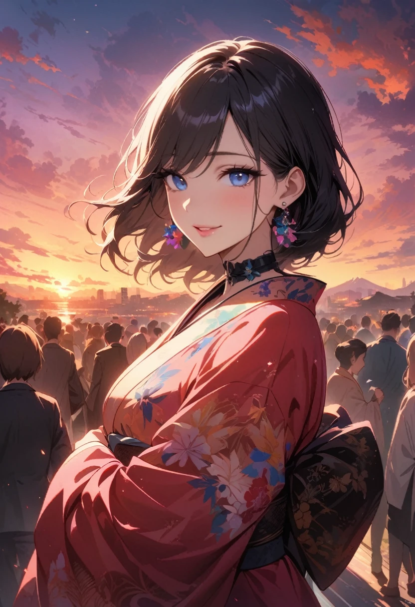 masterpiece, Ultra-high-definition CG, Highest quality, Perfect photo, Neon city at night,Orange Japanese kimono,Beautiful details in the eyes,Beautiful Lips,Earrings,collar,Bob,blue eyes,smile,looking happily at the audience,Thirty Road
