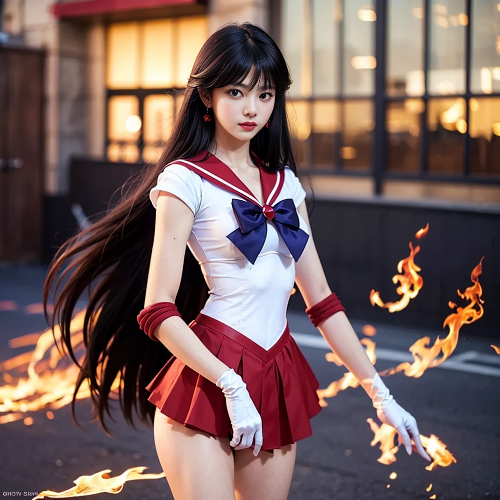 1 girl,long hair, (high quality,8K,black hair, realistic, high quality,masterpiece,Super detailed, disorganized)1.5,((Summer 1, tiara, Sailor Mars Uniform, white gloves, Red sailor collar, red skirt)),City of night,white gloves,purple ribbon,purple eye, (magical world,fire), (half body photo, standing:1.5), yeji, yeji of itzy,kpop