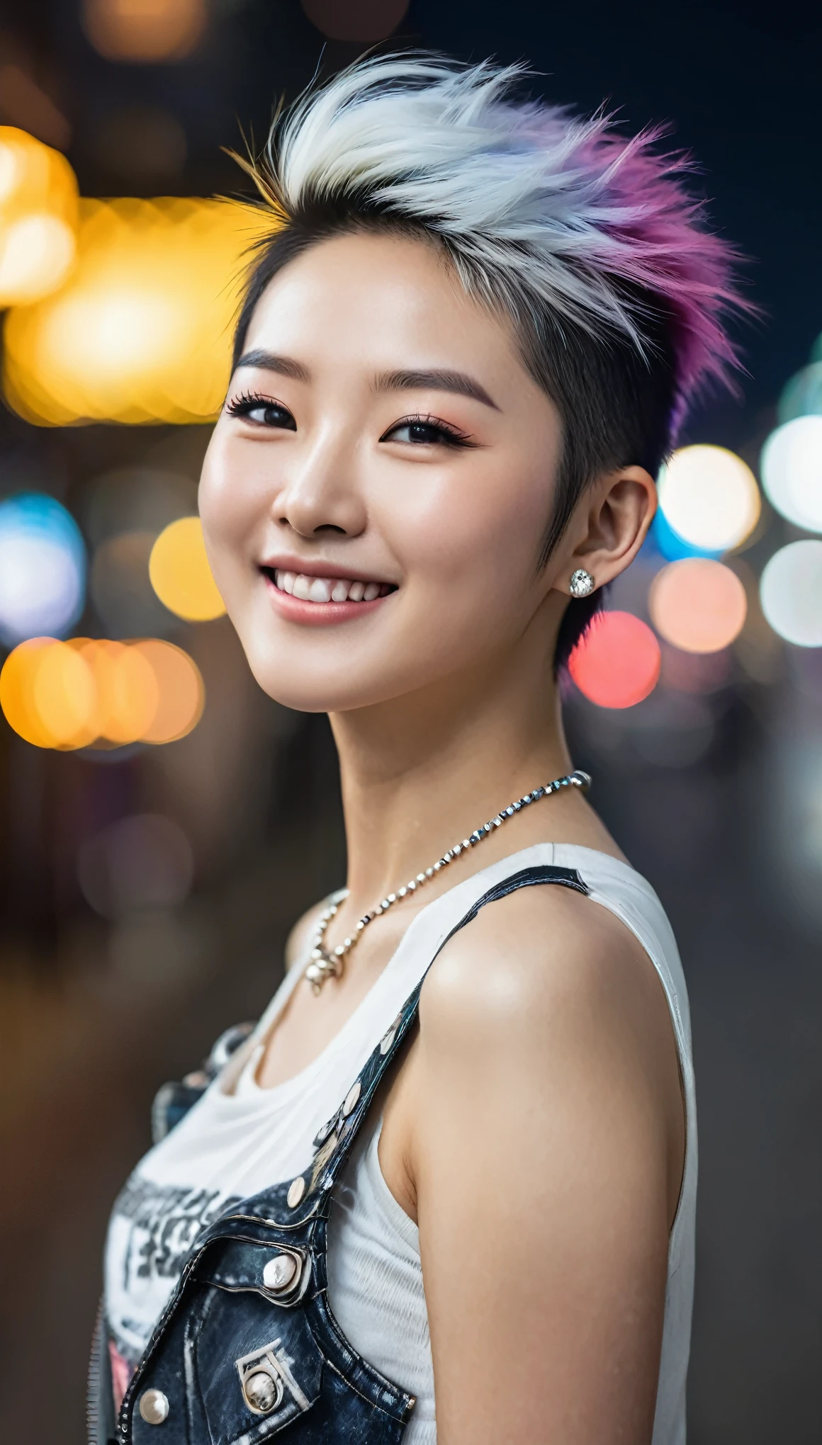 hyper ultra realistic photography, hyper ultra maximalism, sharp, focused and very detailed, a beautiful Korean woman, with a perfect face, clean white, smooth skin. punk rock hair, and punk rock appearance, smiling sweetly, like a princess from the kingdom of heaven. With a bokeh background, the sparkling colorful lights of a metropolitan city combine with the bright dark night of a metropolitan city.
