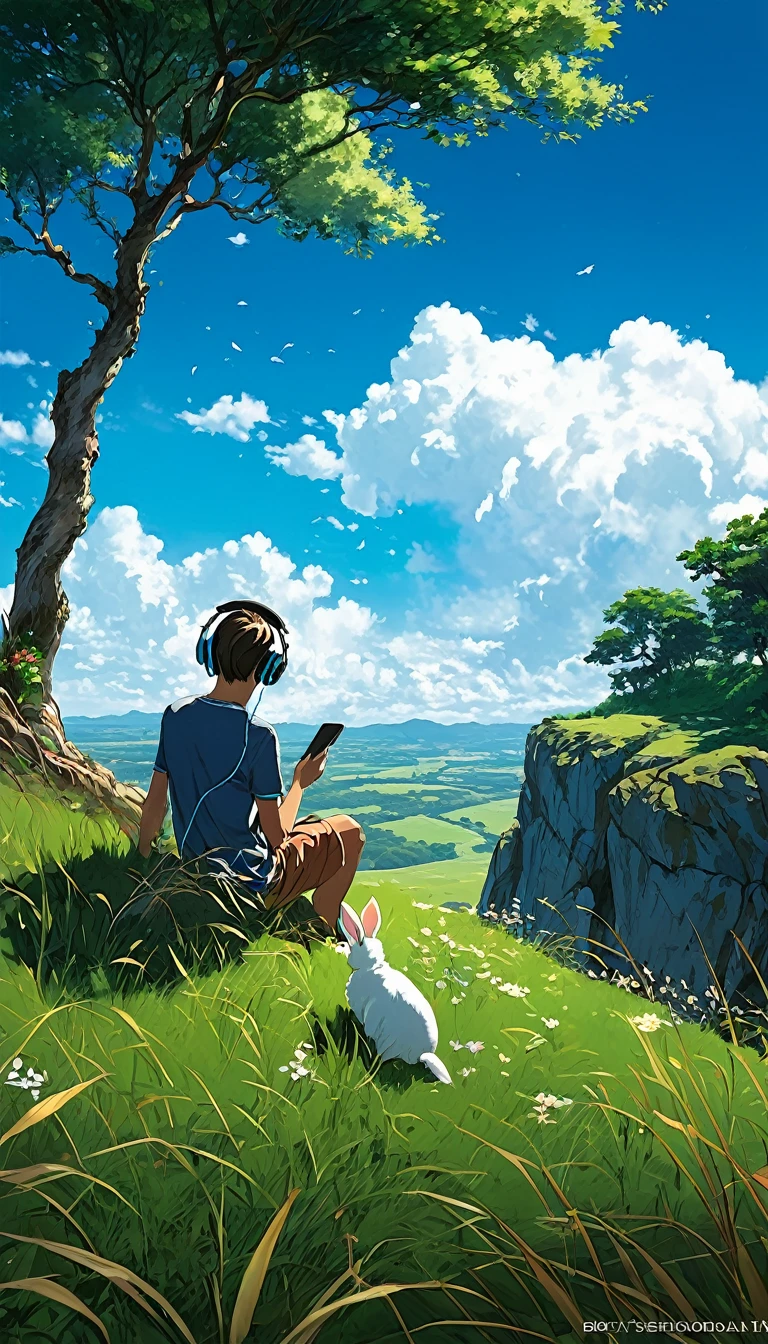 a boy sitting under a tree near a cliff in a meadow , seeing a vast blue sky with fluffy clouds and brush strokes , tall grasses stones, , makoto shinkai cyril rolando, anime art wallpaper 4k, anime art wallpaper 4k, animated background, anime art wallpaper 8K, animated background art, Anime Landscape Wallpaper, amazing wallpaper, HD wallpaper, 4k anime wallpaper, 4k anime wallpaper, Aries Moross art,art by Bob Byerley , AshleyWoodArtAI, greg rutkowski, flower, very colourful, flower velly, rabbit near the boy,boy listening music using by headphone
